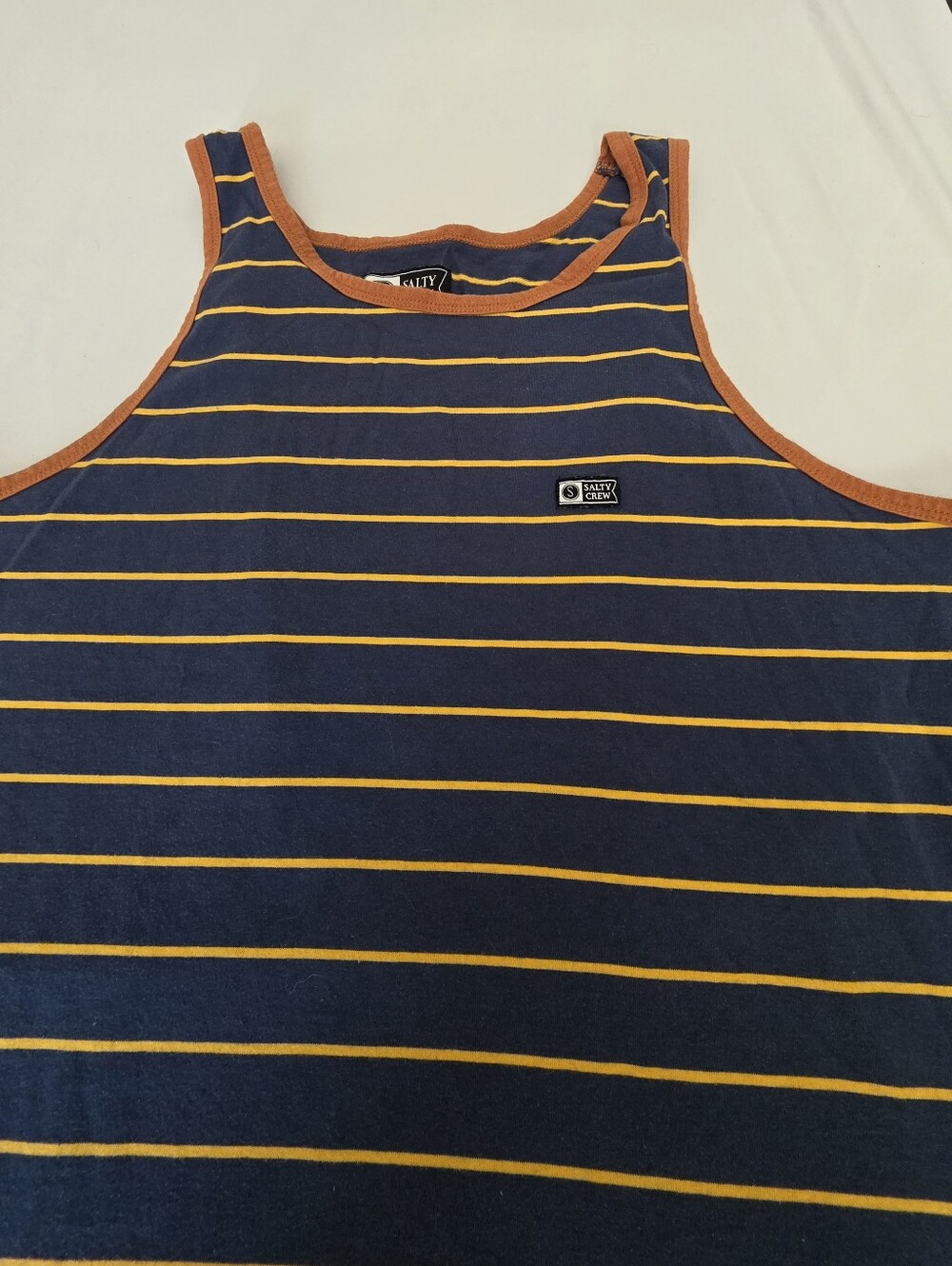 Salty Crew Navy Tank with Yellow Stripes and Orange Trim